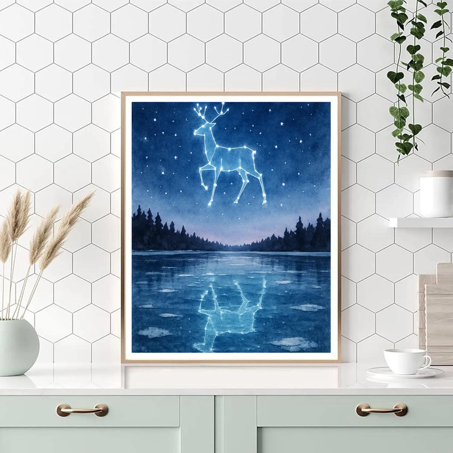Reindeer Constellation Over Frozen Lake Number painting
