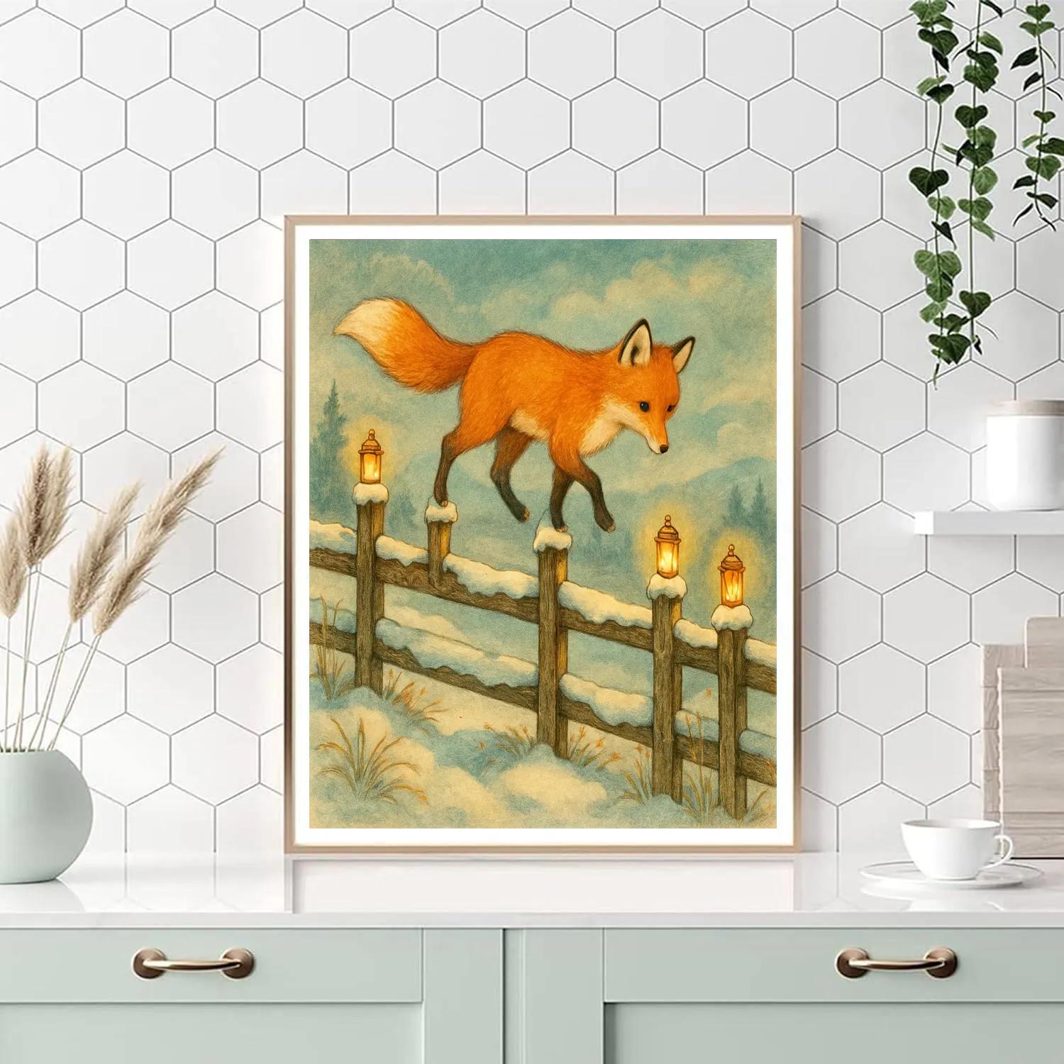 Winter Fox On Lantern Fence Numbered painting kits
