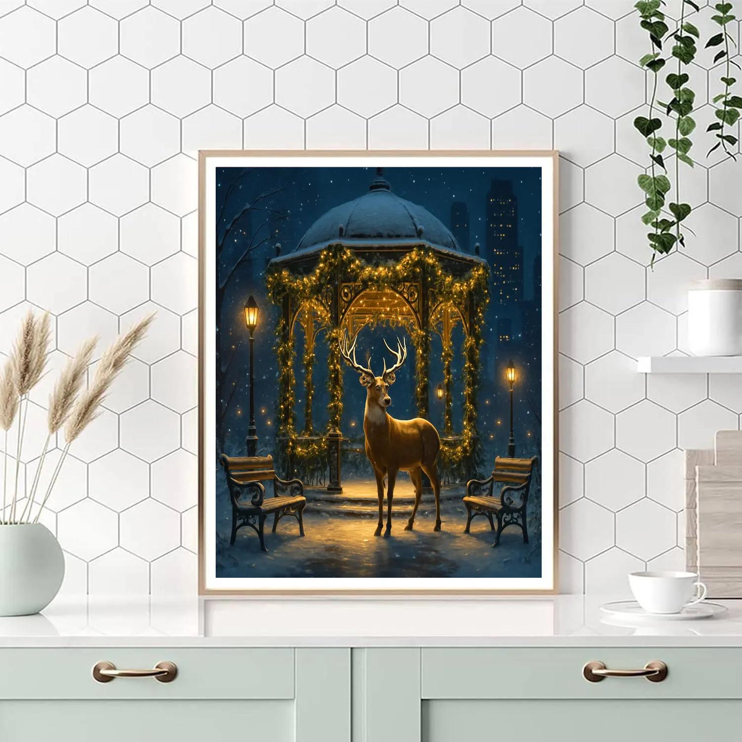 Holiday Deer In City Park Gazebo paint by number