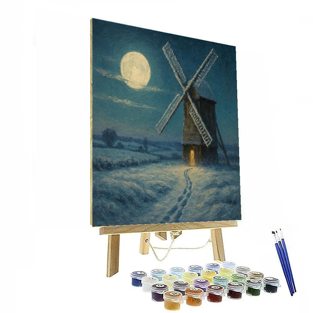 Winter Moon Over Snowy Windmill paint by numbers