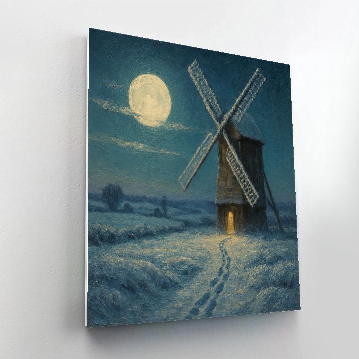 Winter Moon Over Snowy Windmill paint by numbers