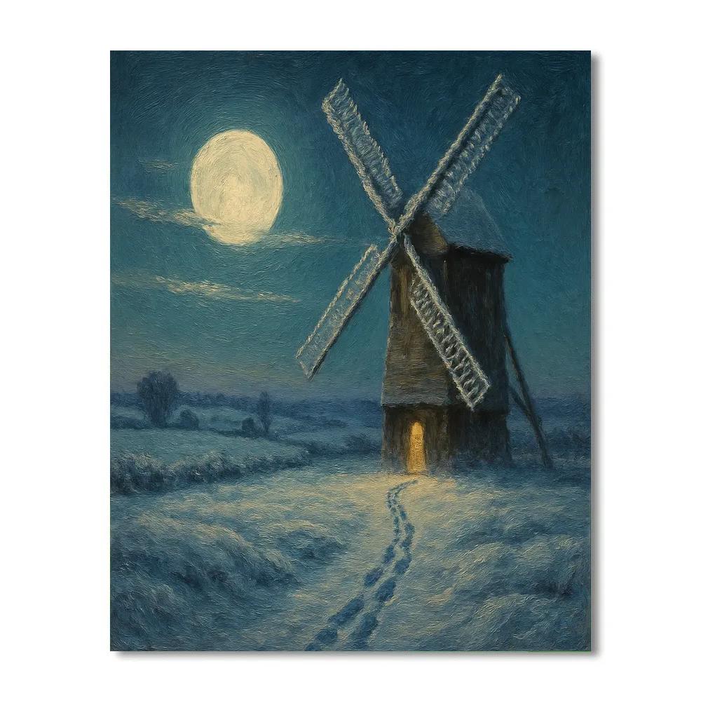 Winter Moon Over Snowy Windmill paint by numbers