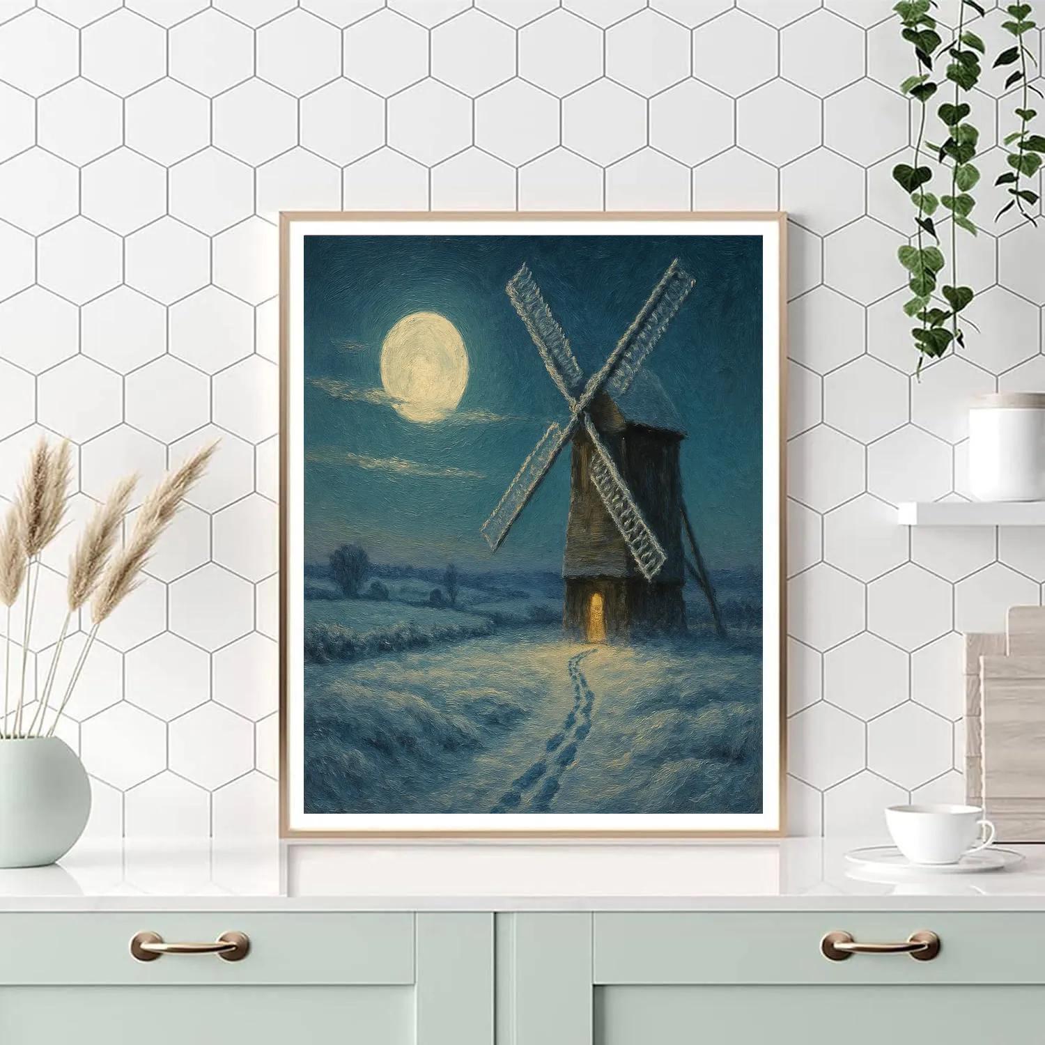 Winter Moon Over Snowy Windmill paint by numbers