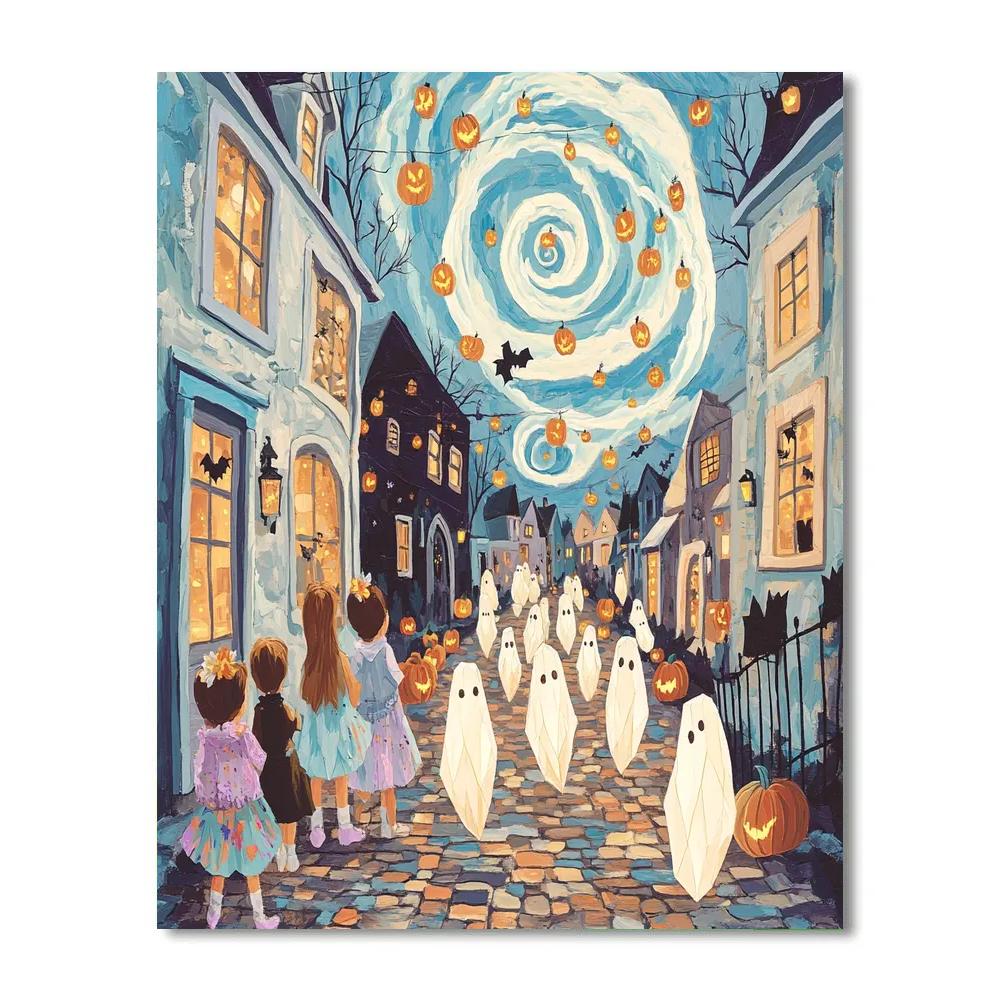 Moonlit Parade With Spooky Paper Spirits paint by number