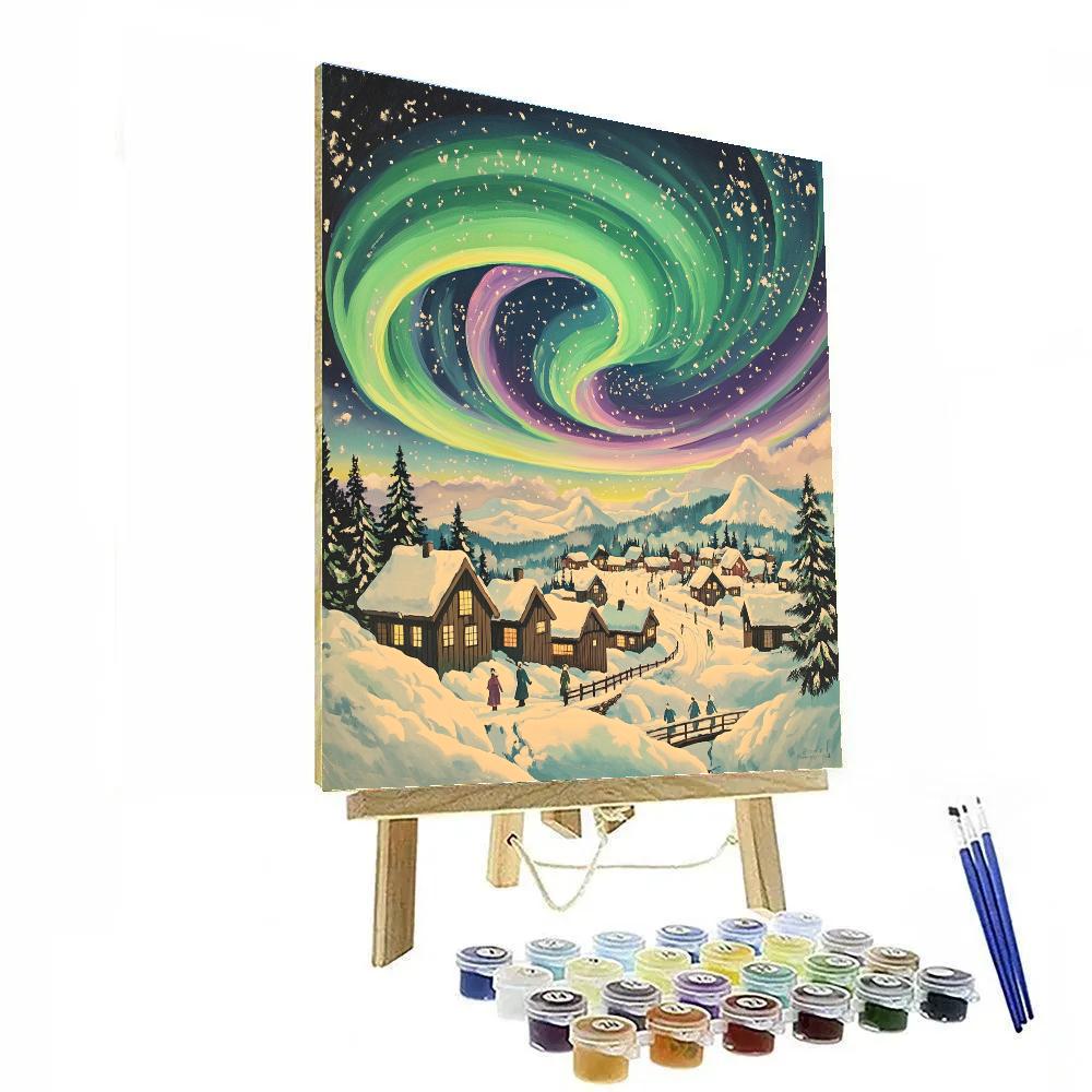 Hokusai Inspired Aurora Over Snowy Village Number painting