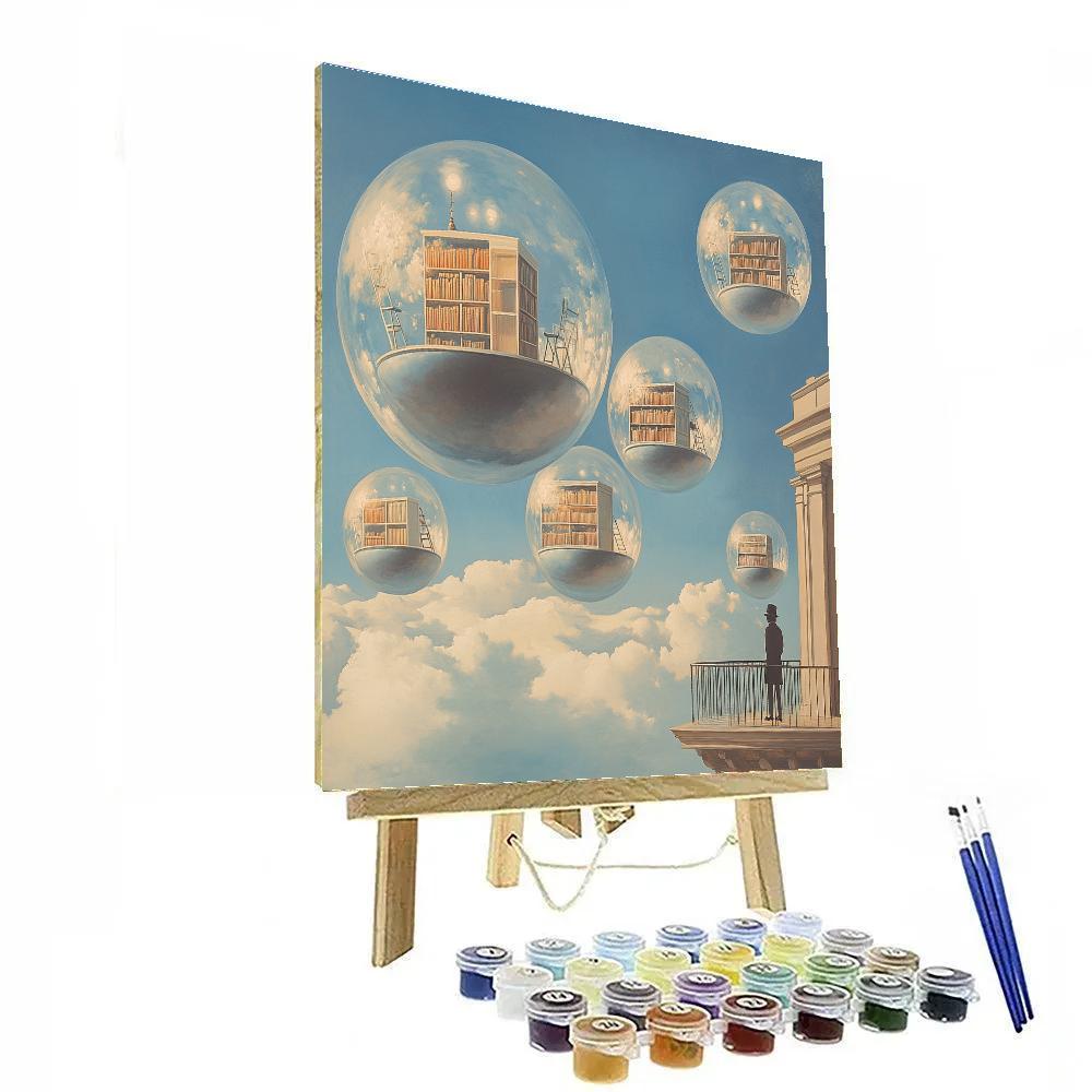 Magritte Inspired Floating Library Planets paint by number