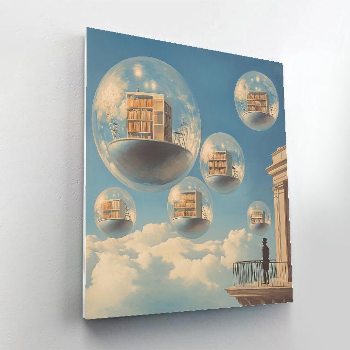 Magritte Inspired Floating Library Planets paint by number