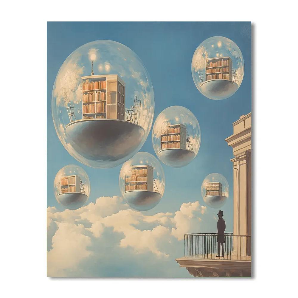 Magritte Inspired Floating Library Planets paint by number