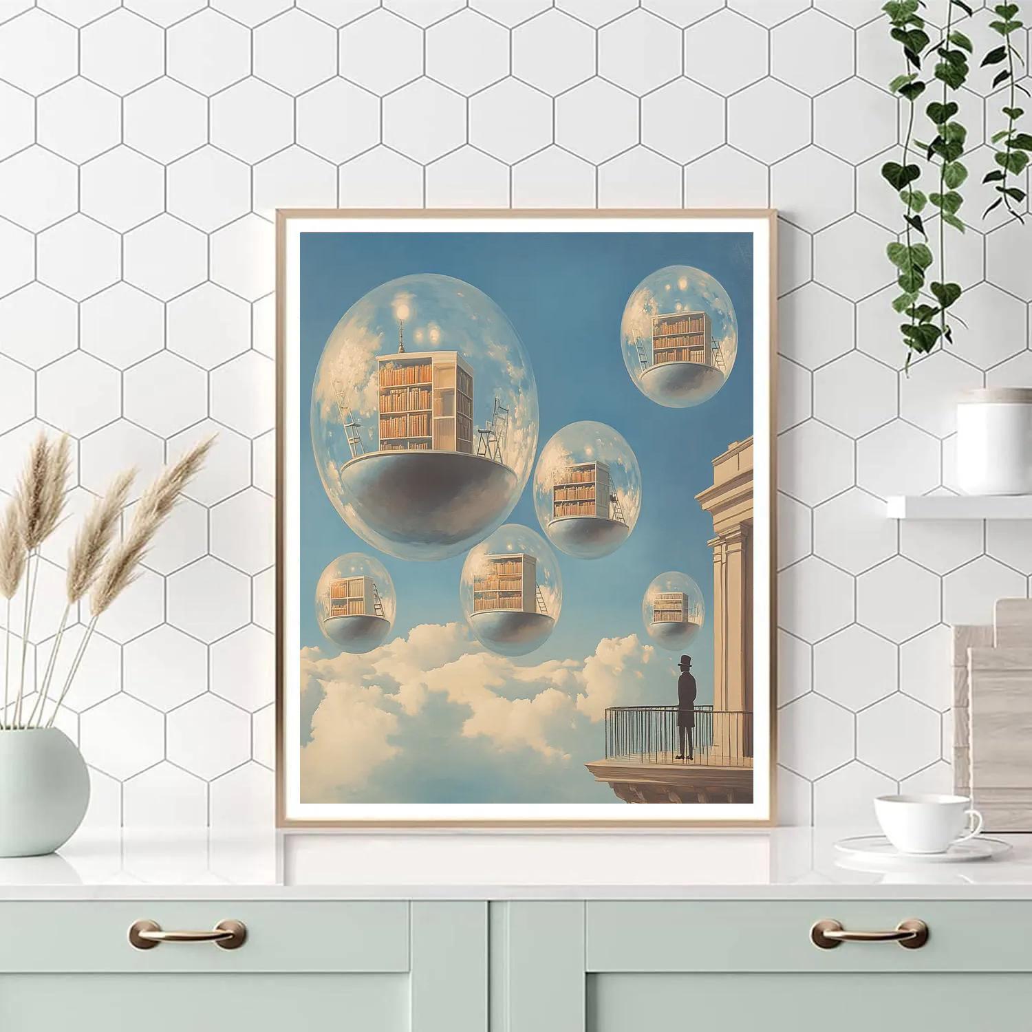 Magritte Inspired Floating Library Planets paint by number