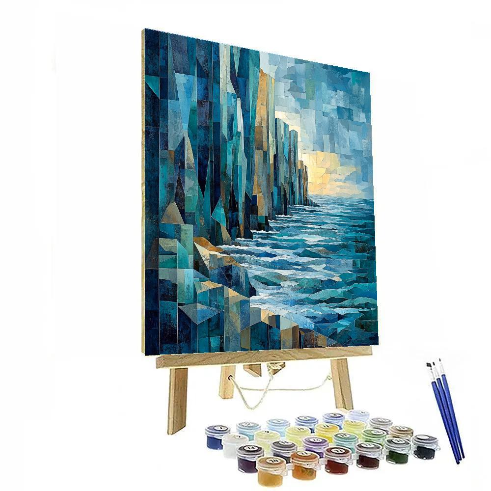 Pablo Picasso Inspired Cubist Cliffside Seascape In Shattered Blues paint by numbers