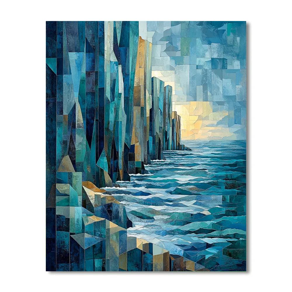 Pablo Picasso Inspired Cubist Cliffside Seascape In Shattered Blues paint by numbers