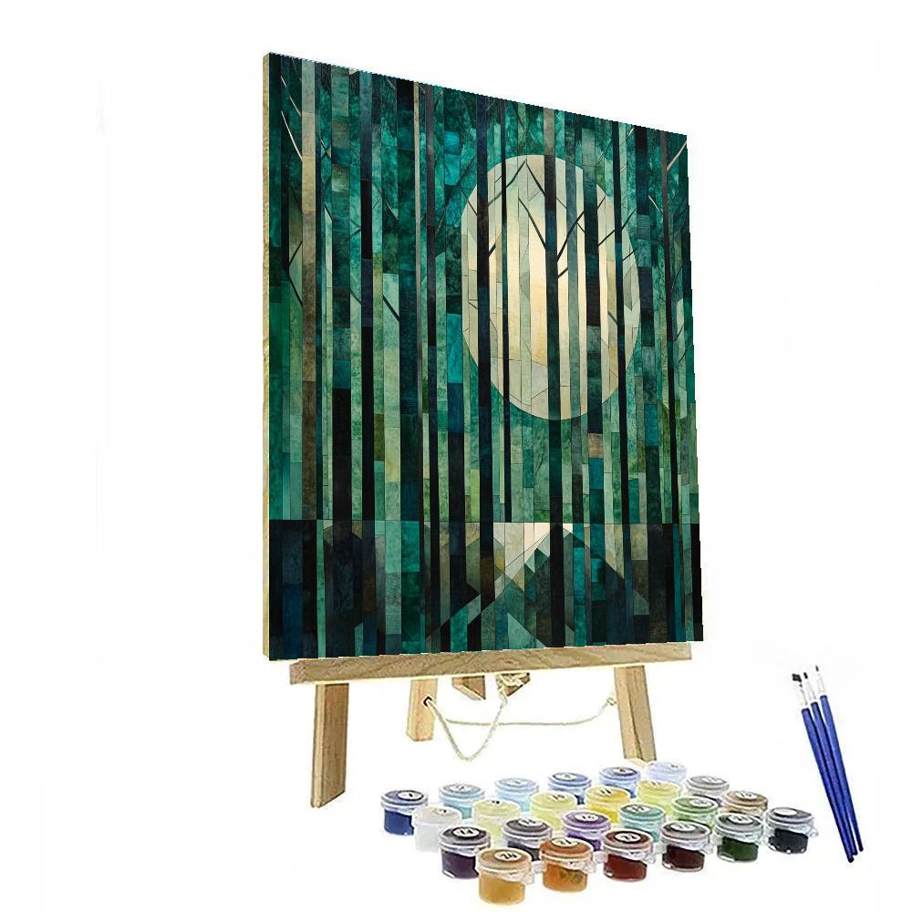 Pablo Picasso Inspired Geometric Moonlit Forest In Emerald Facets paint by number