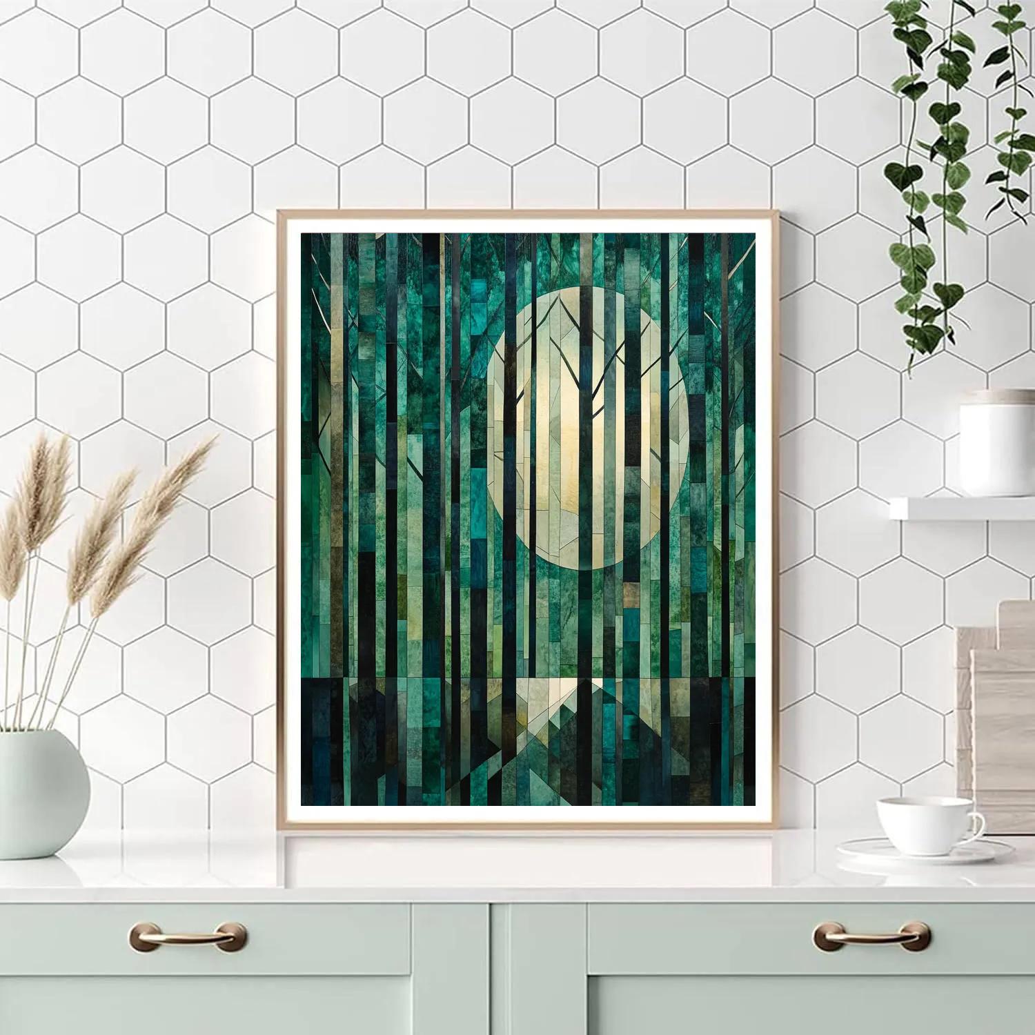 Pablo Picasso Inspired Geometric Moonlit Forest In Emerald Facets paint by number