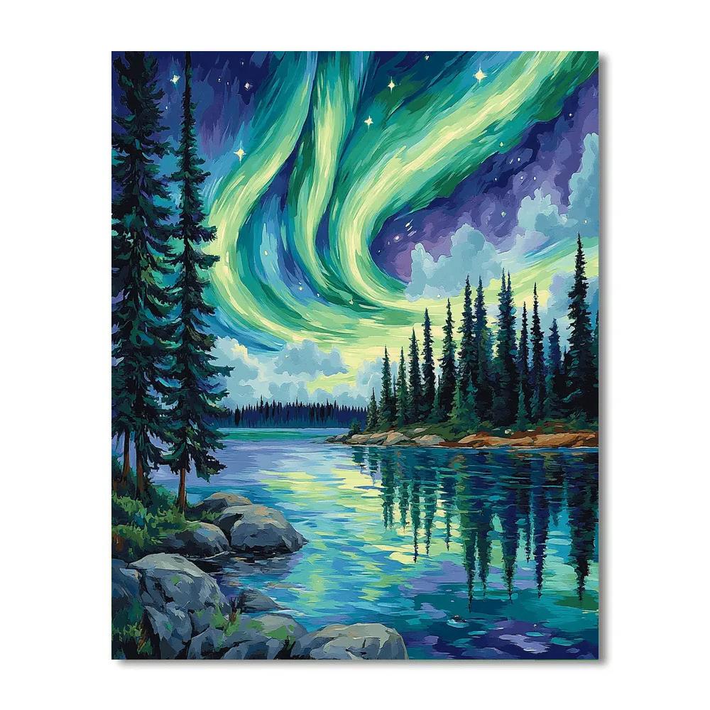 J E H MacDonald Inspired Aurora Pines Over Northern Lake paint by number