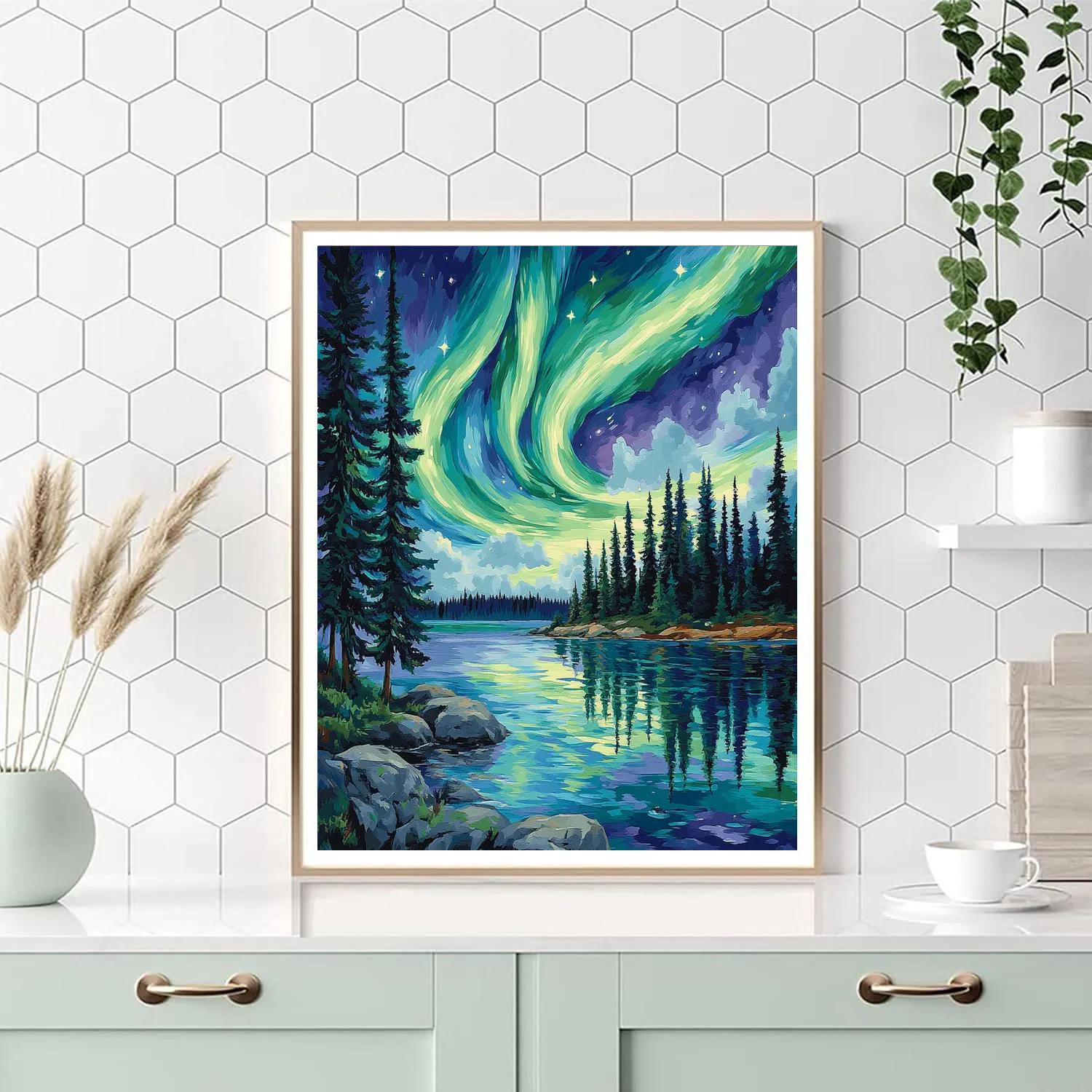 J E H MacDonald Inspired Aurora Pines Over Northern Lake paint by number