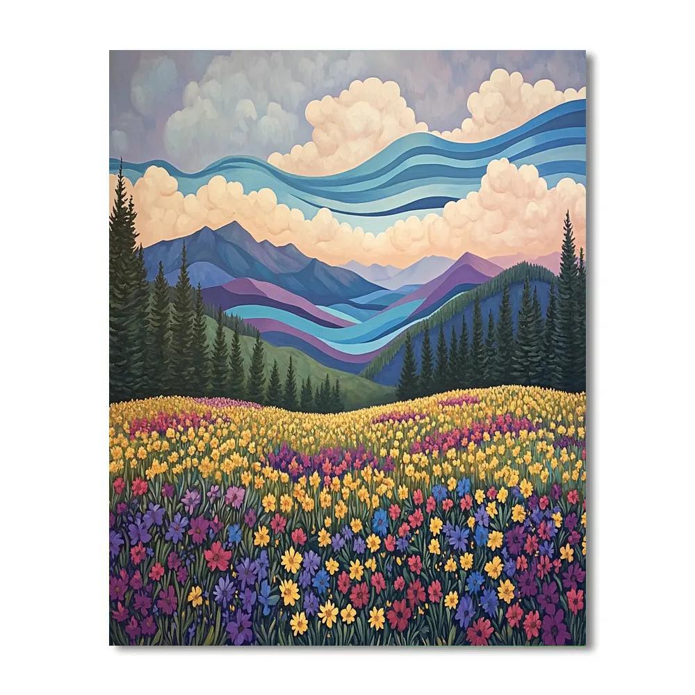 J E H MacDonald Inspired Wildflower Meadow With Rhythmic Mountain Sky paint by numbers