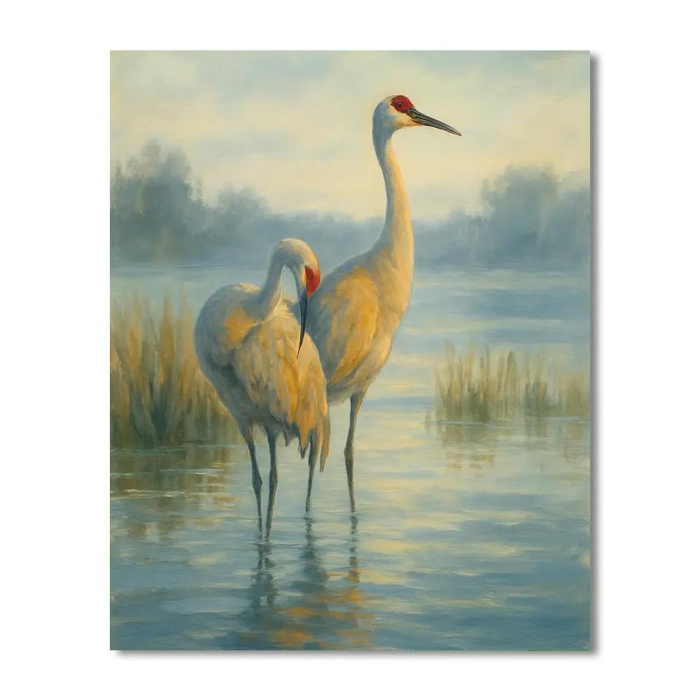 Morning Mist Cranes By The Marsh painting number kit