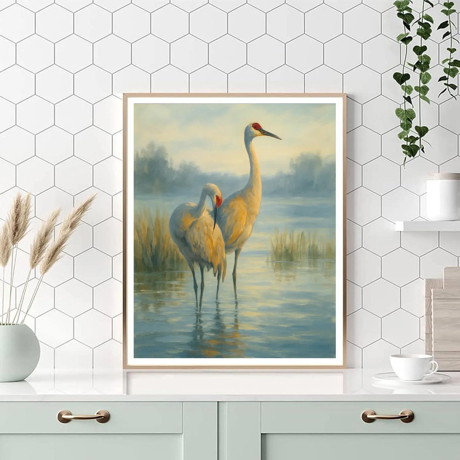 Morning Mist Cranes By The Marsh painting number kit