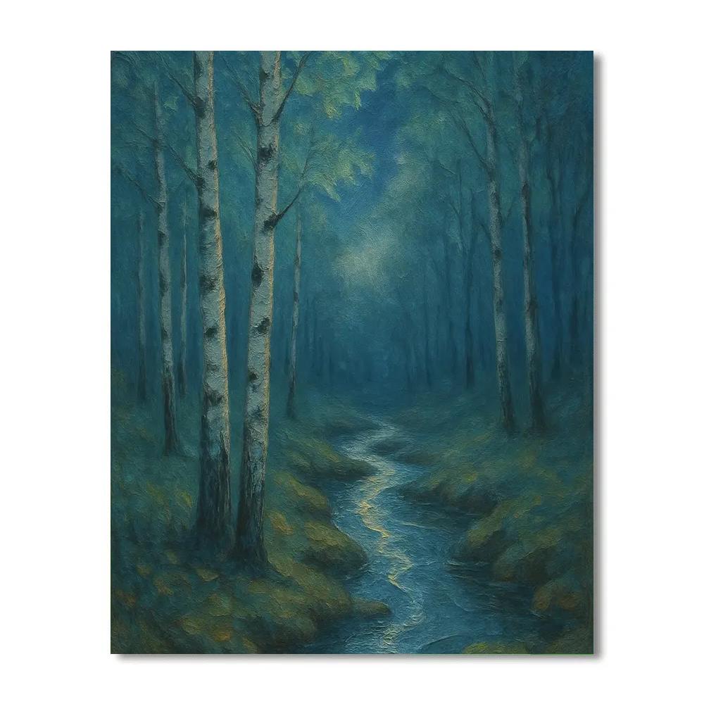 Moonlit Creek In The Birch Hollow painting number kit
