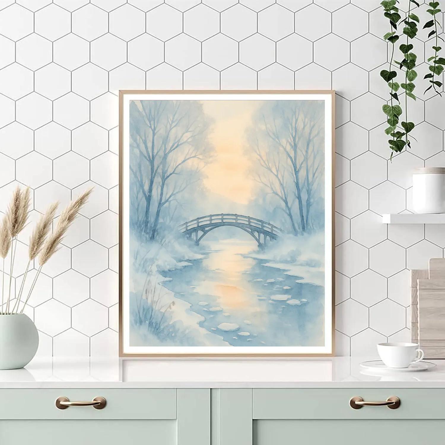 Icy Bridge At Dawn Riverbend Paint by numbers art