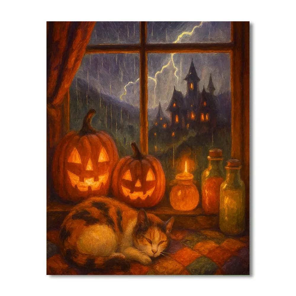 Witch Cottage Window On A Stormy Halloween paint by color