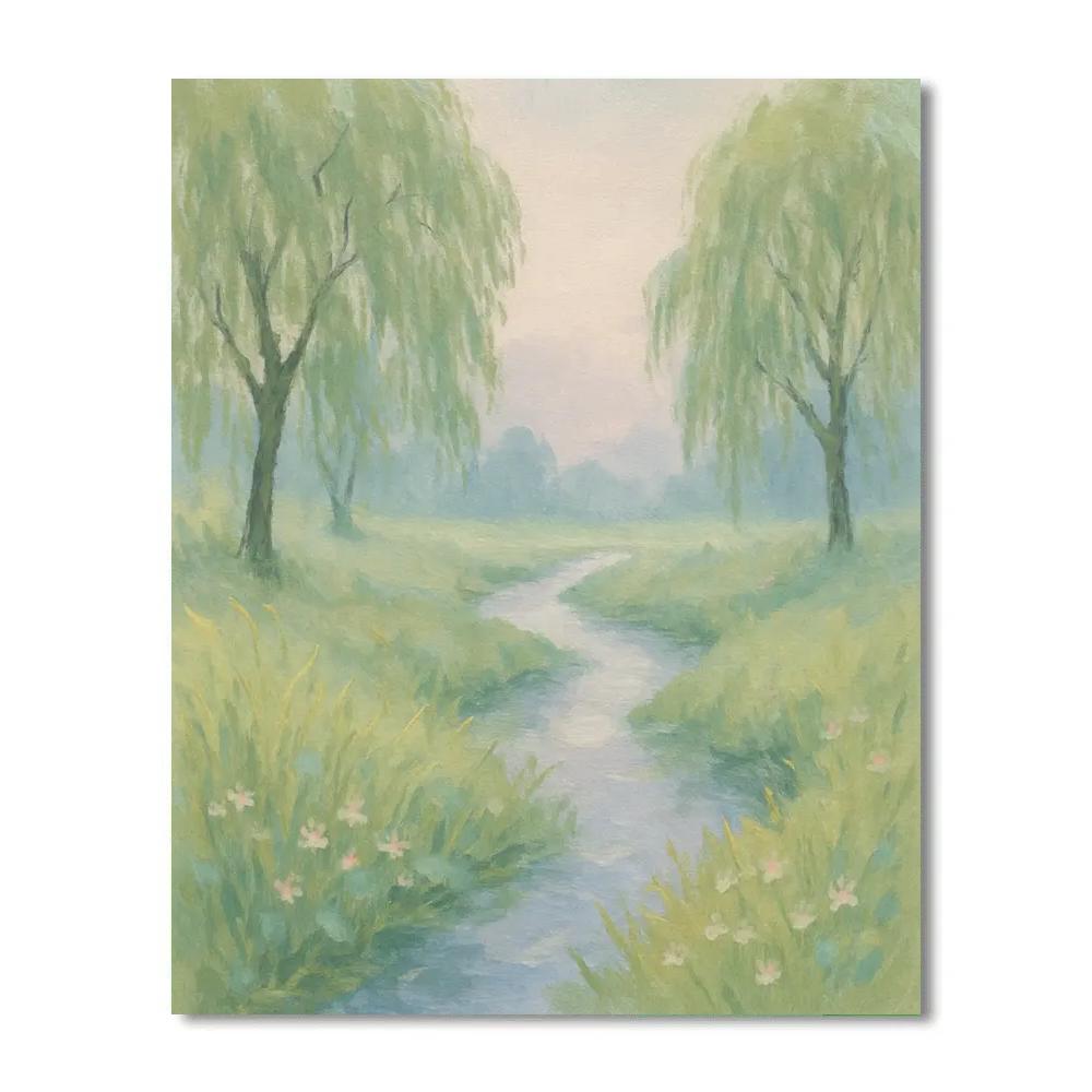 Spring Mist Over Willow Brook paint by number