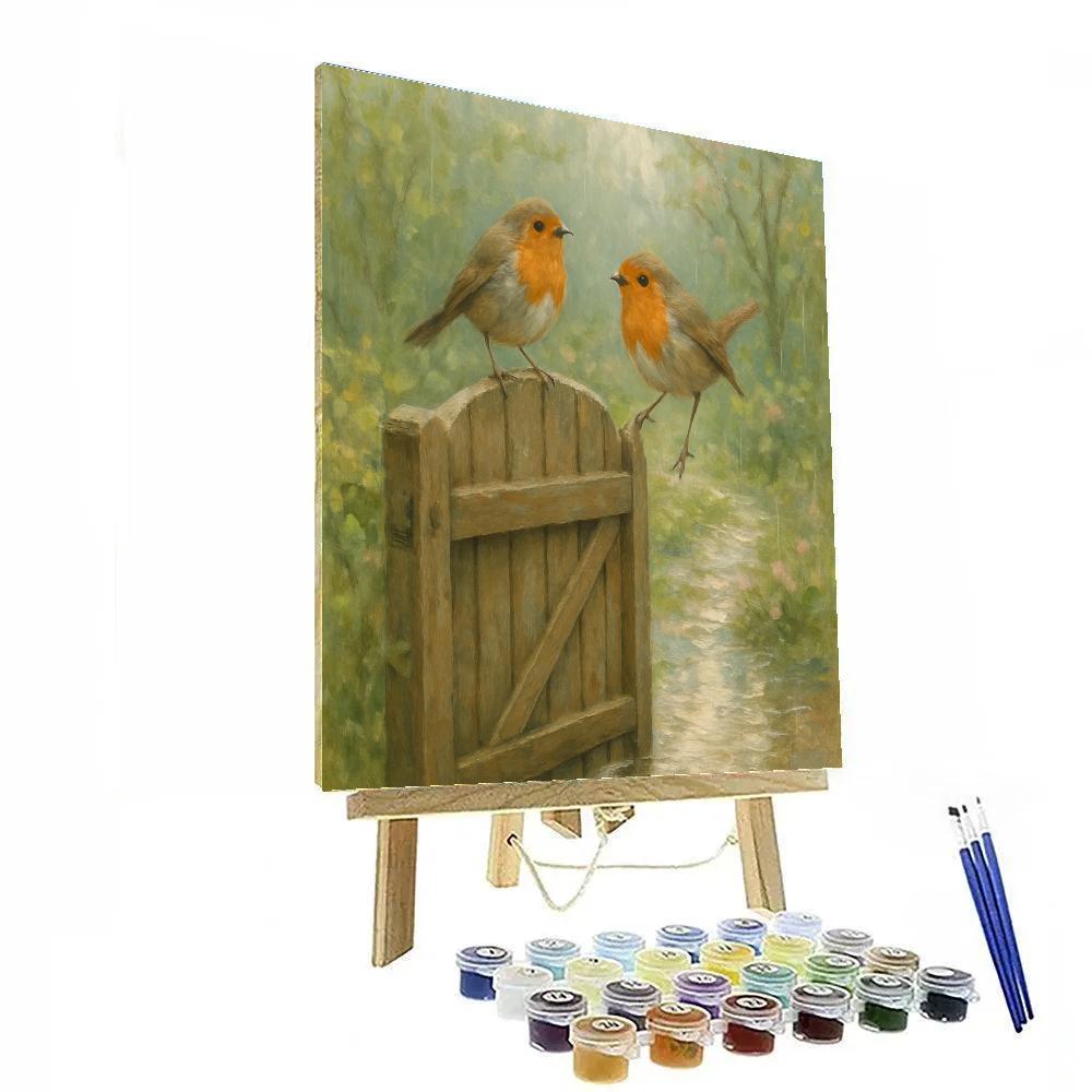 Garden Gate Robins In Spring Rain Number painting
