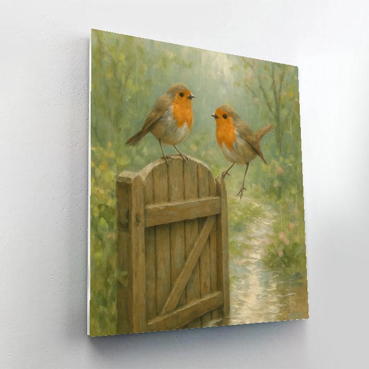 Garden Gate Robins In Spring Rain Number painting
