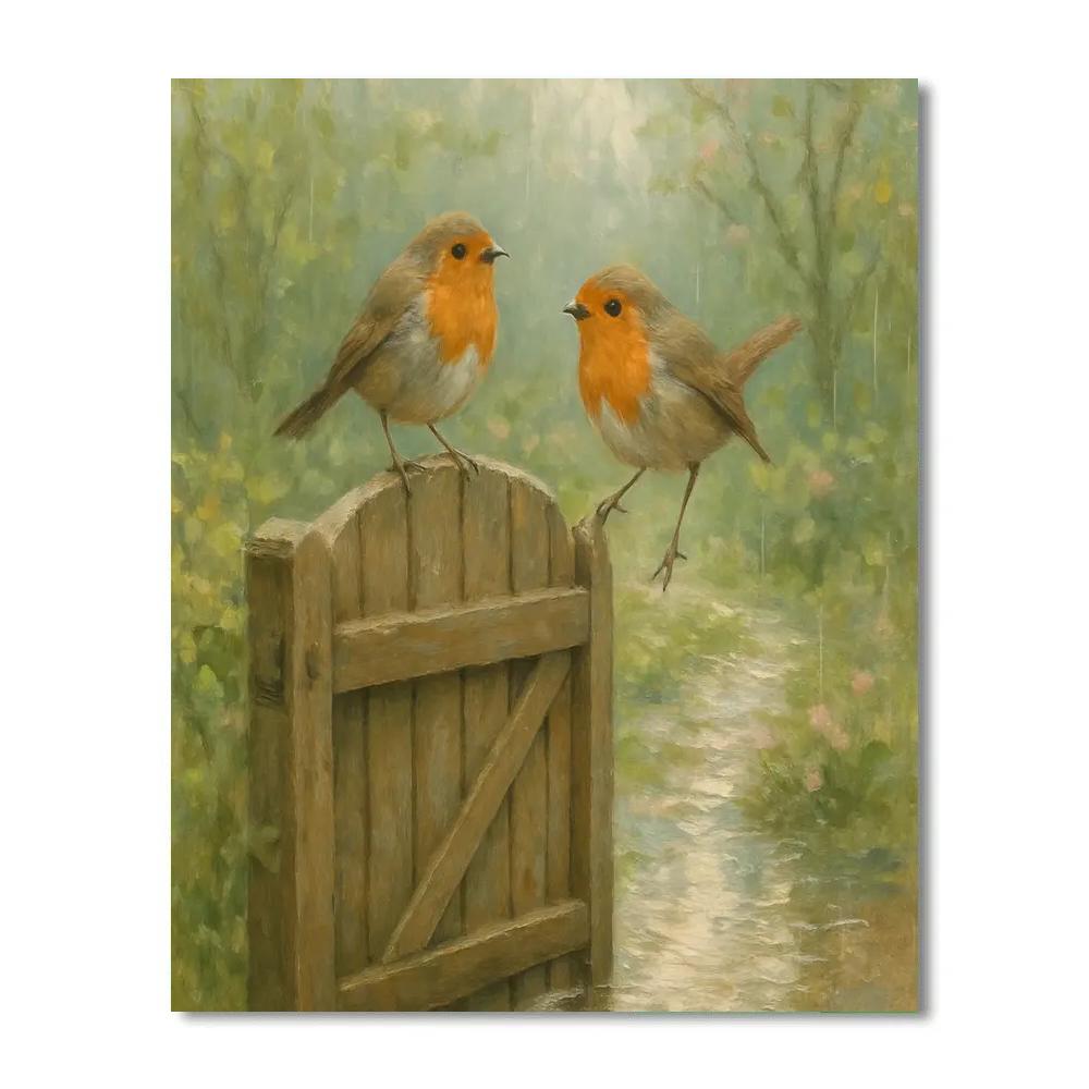 Garden Gate Robins In Spring Rain Number painting
