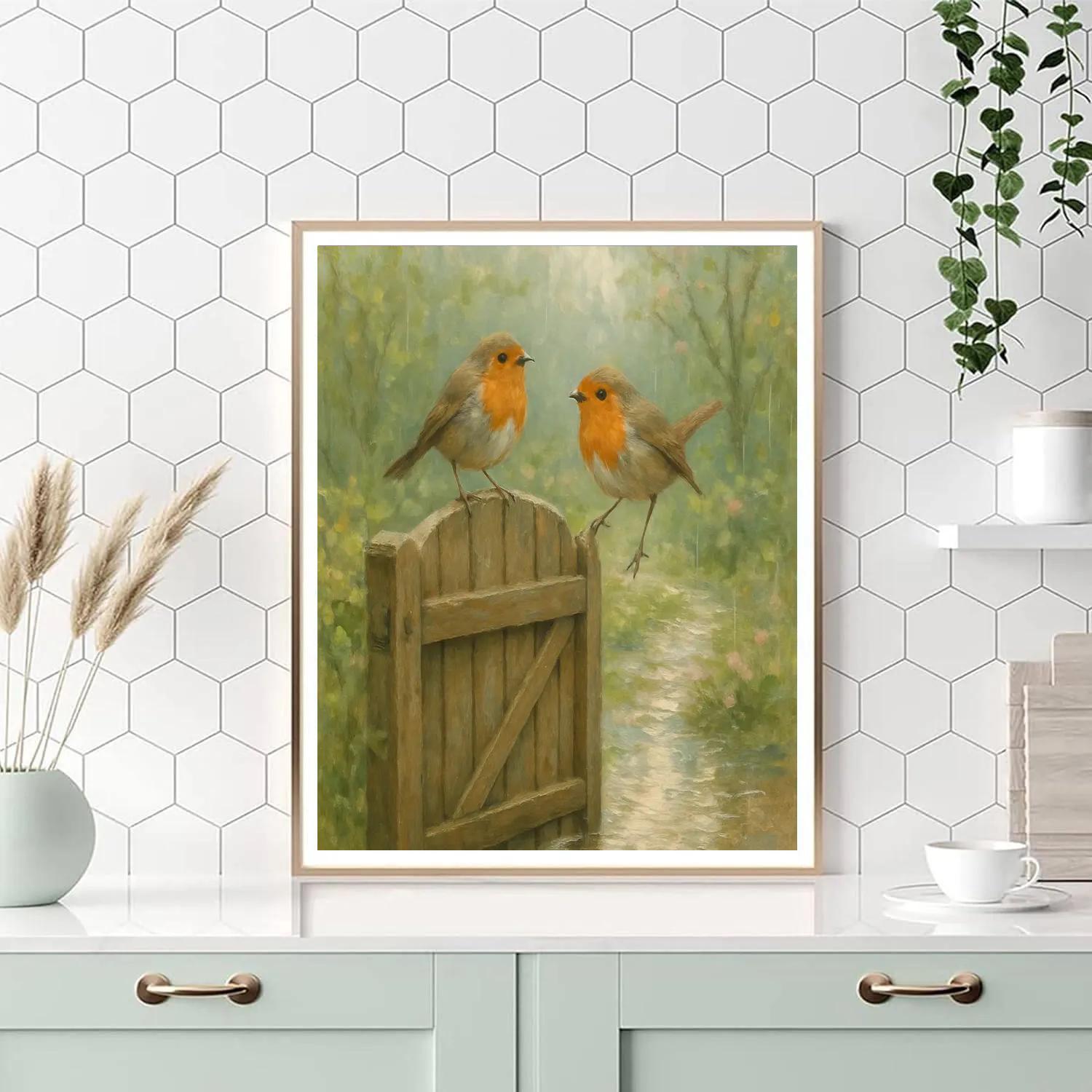 Garden Gate Robins In Spring Rain Number painting