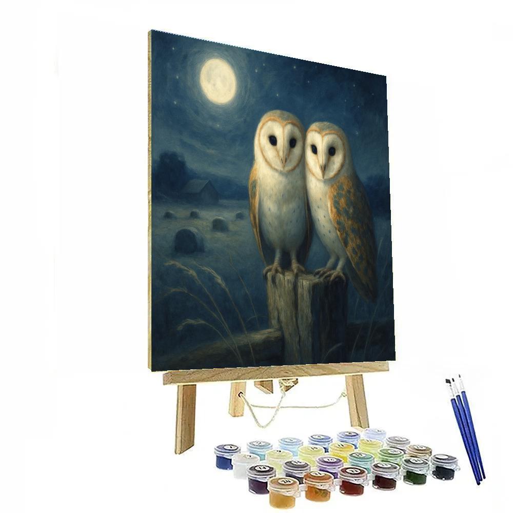 Moonlit Barn Owls In The Hayfield paint by color