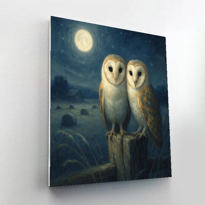 Moonlit Barn Owls In The Hayfield paint by color
