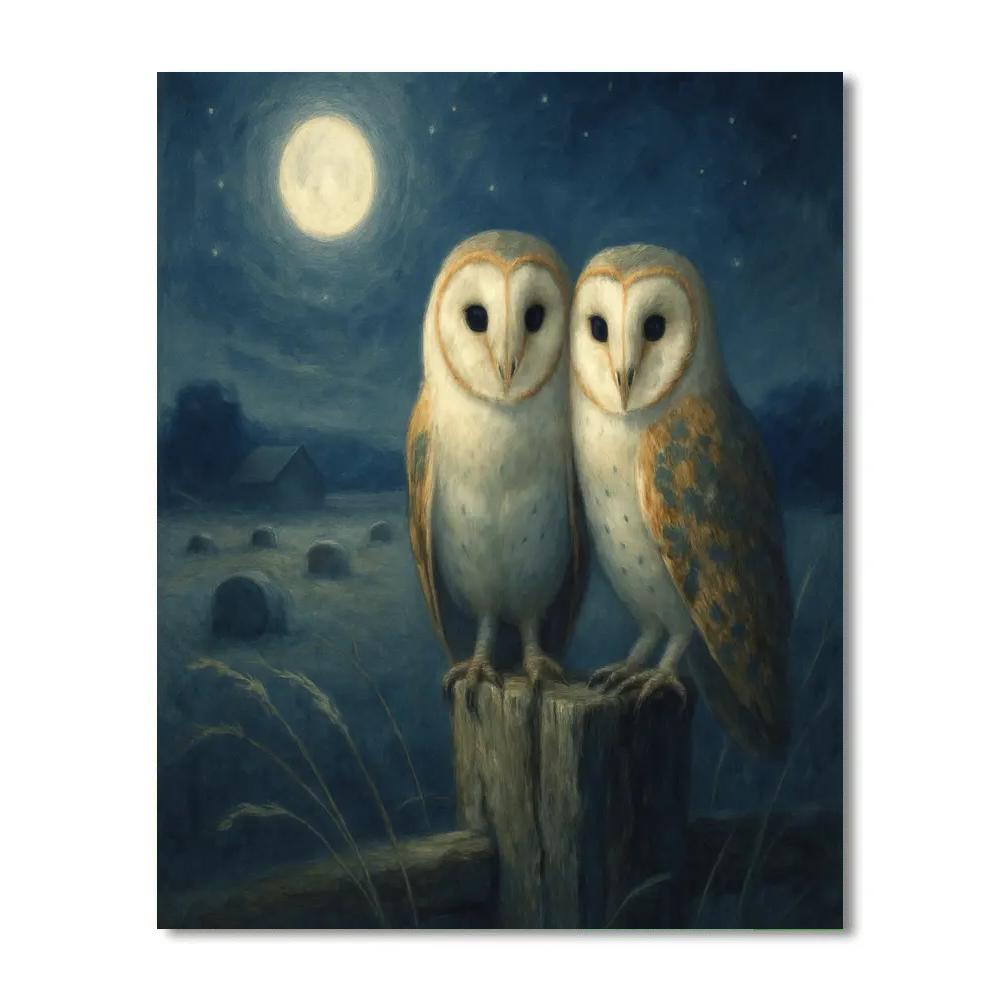 Moonlit Barn Owls In The Hayfield paint by color