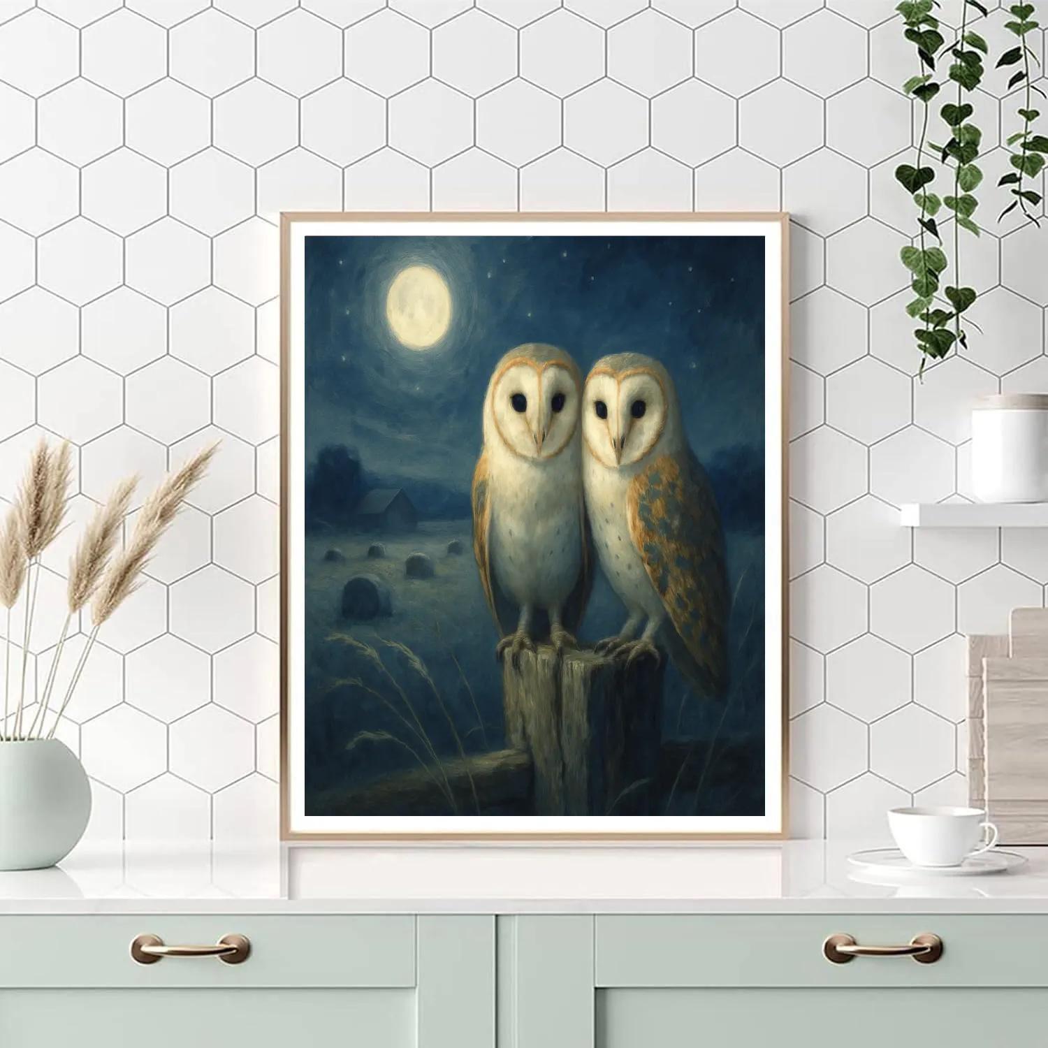 Moonlit Barn Owls In The Hayfield paint by color