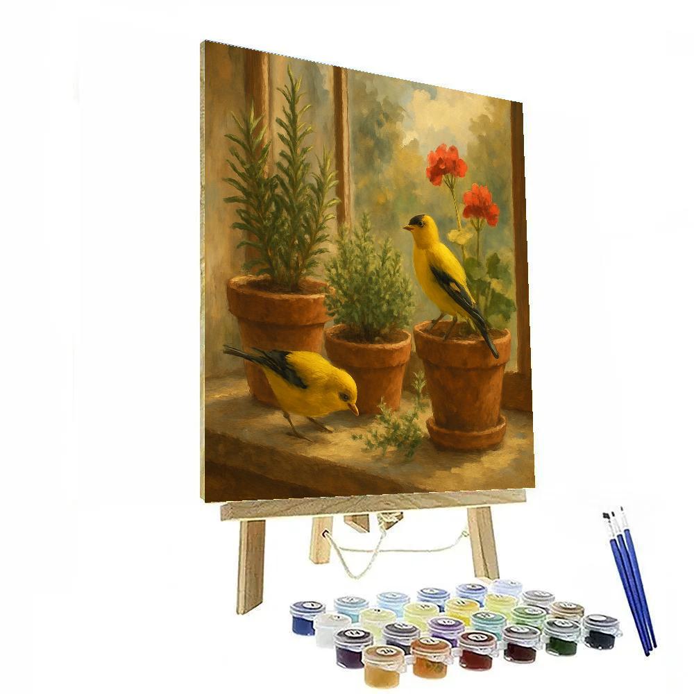 Sunroom Finches Among Potted Herbs painting number kit