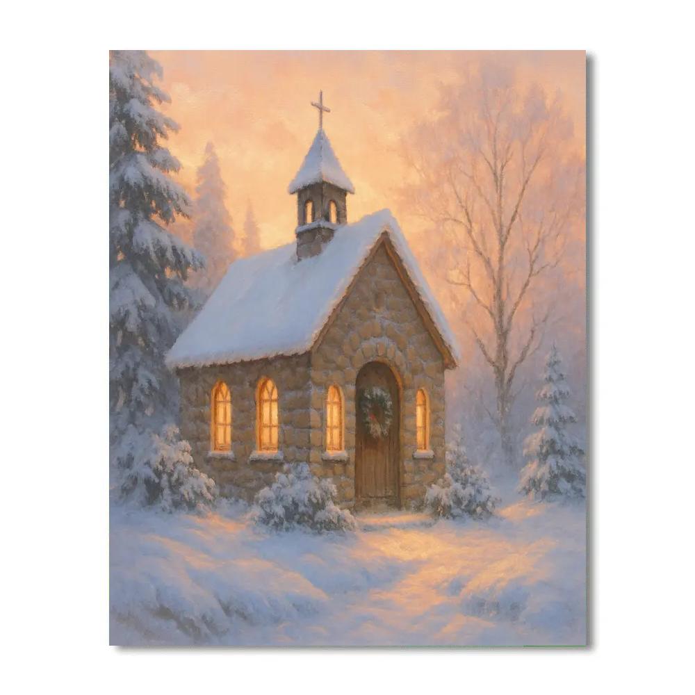 Silent Snowy Chapel At Dawn paint by numbers