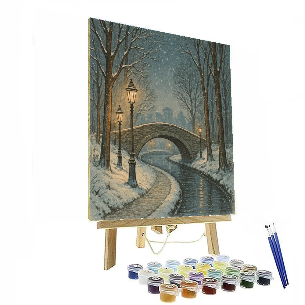 Twilight Bridge In Snowy Park paint by color