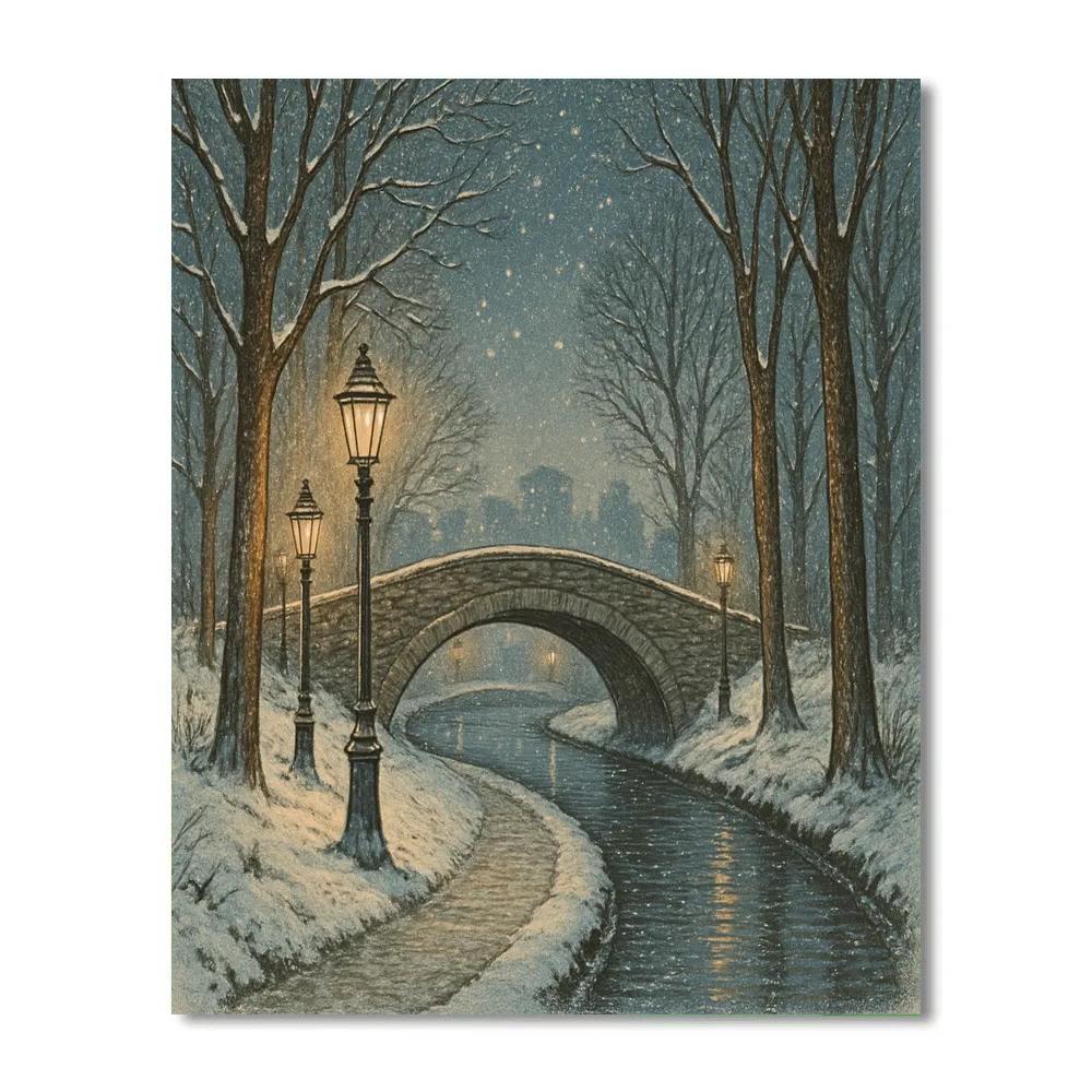 Twilight Bridge In Snowy Park paint by color