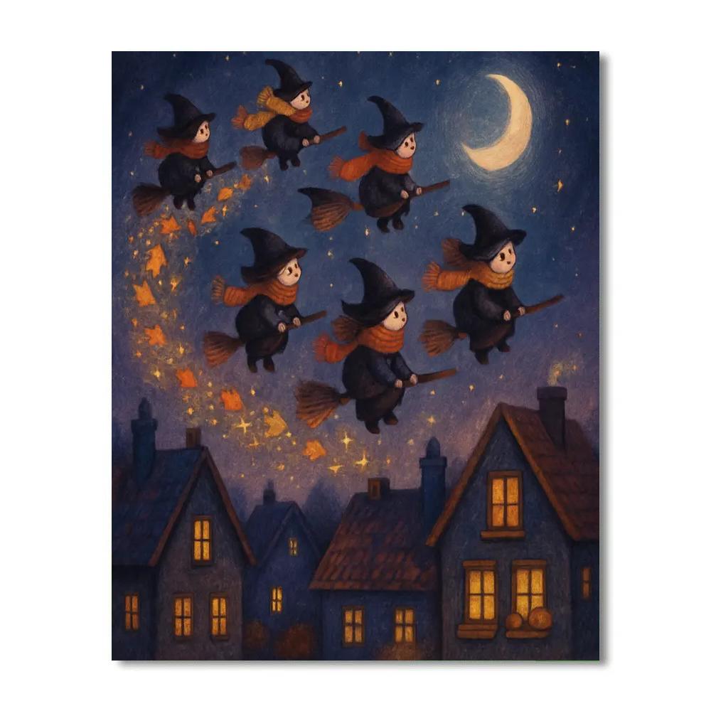 Twinkling Broomstick Parade Above The Town paint by numbers