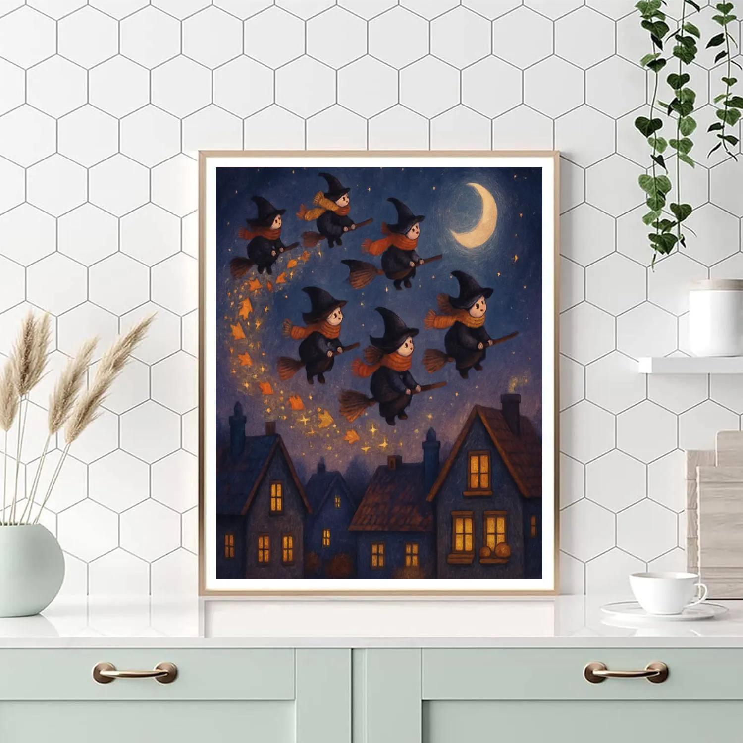 Twinkling Broomstick Parade Above The Town paint by numbers
