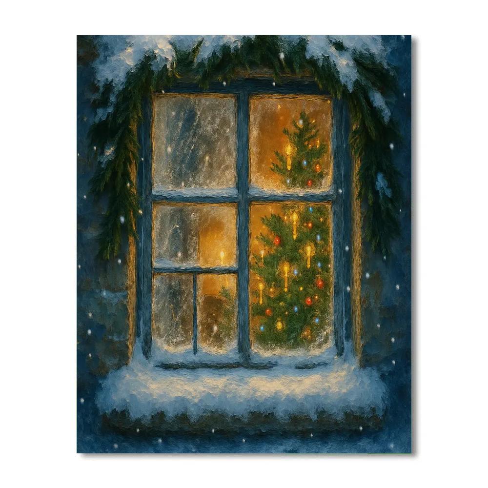 Winter Cottage Window Glow Numbered painting kits