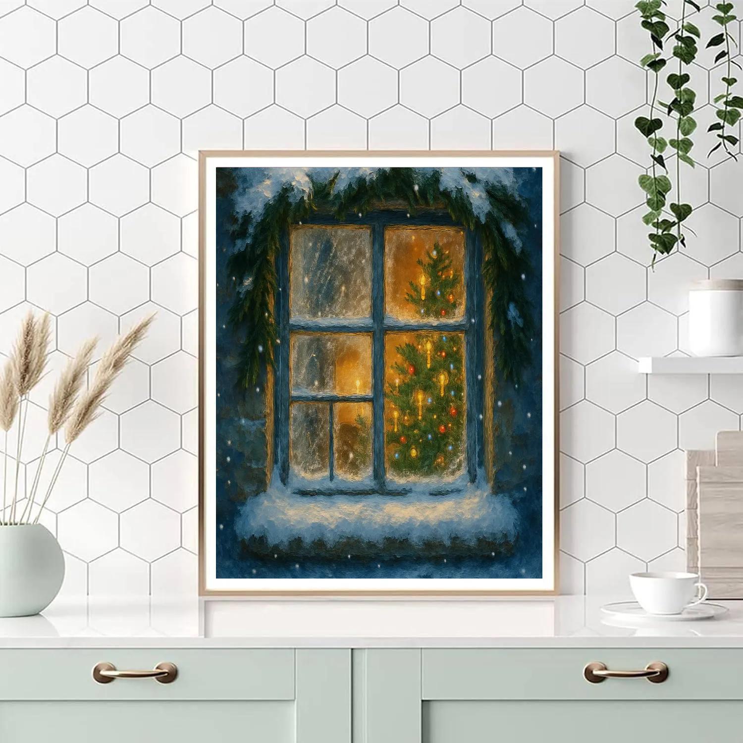 Winter Cottage Window Glow Numbered painting kits