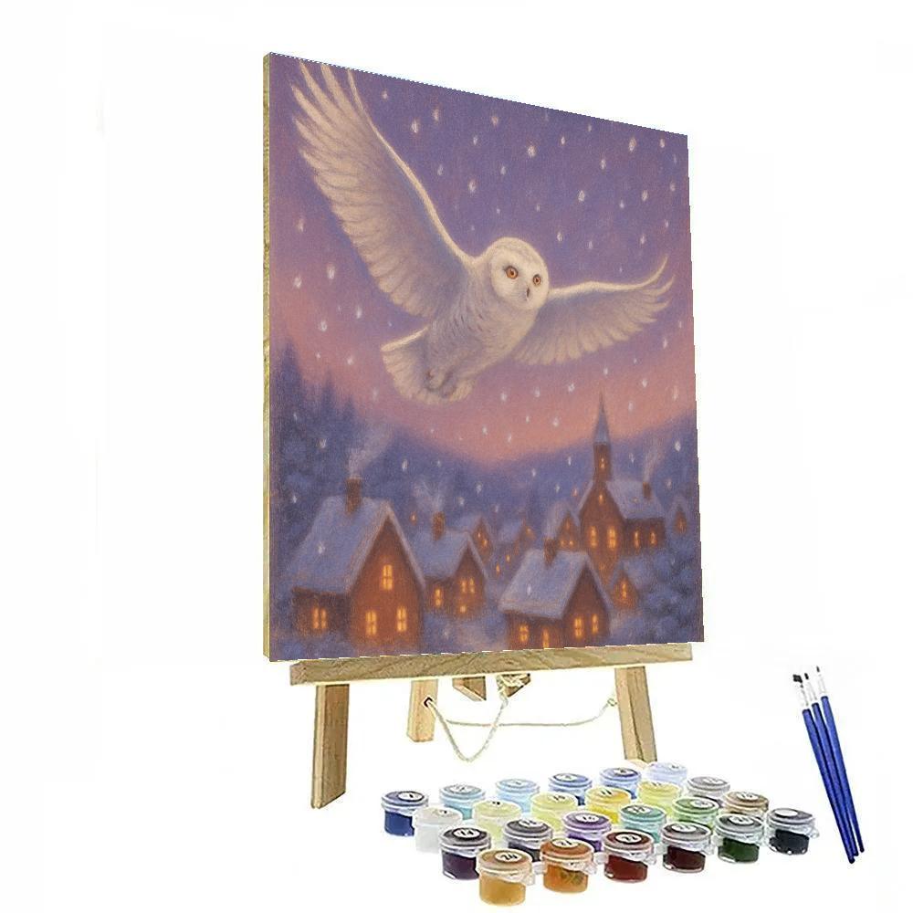 Snowy Owl Over Pine Village paint by numbers
