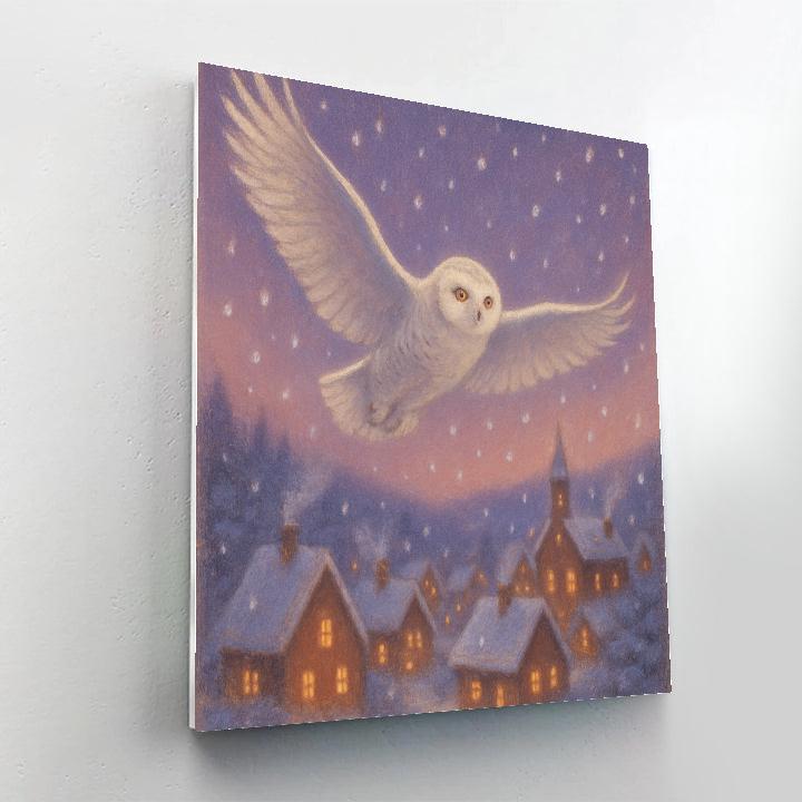 Snowy Owl Over Pine Village paint by numbers
