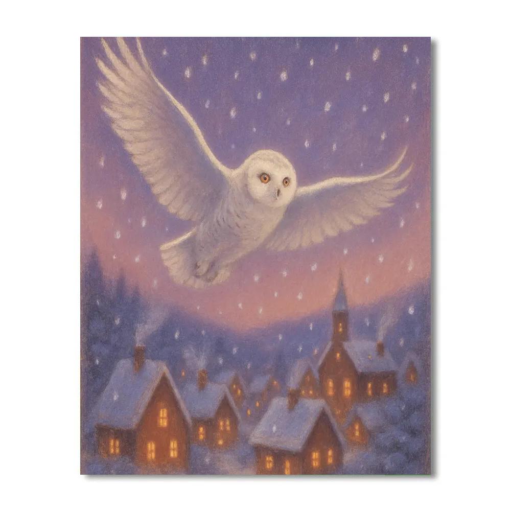 Snowy Owl Over Pine Village paint by numbers