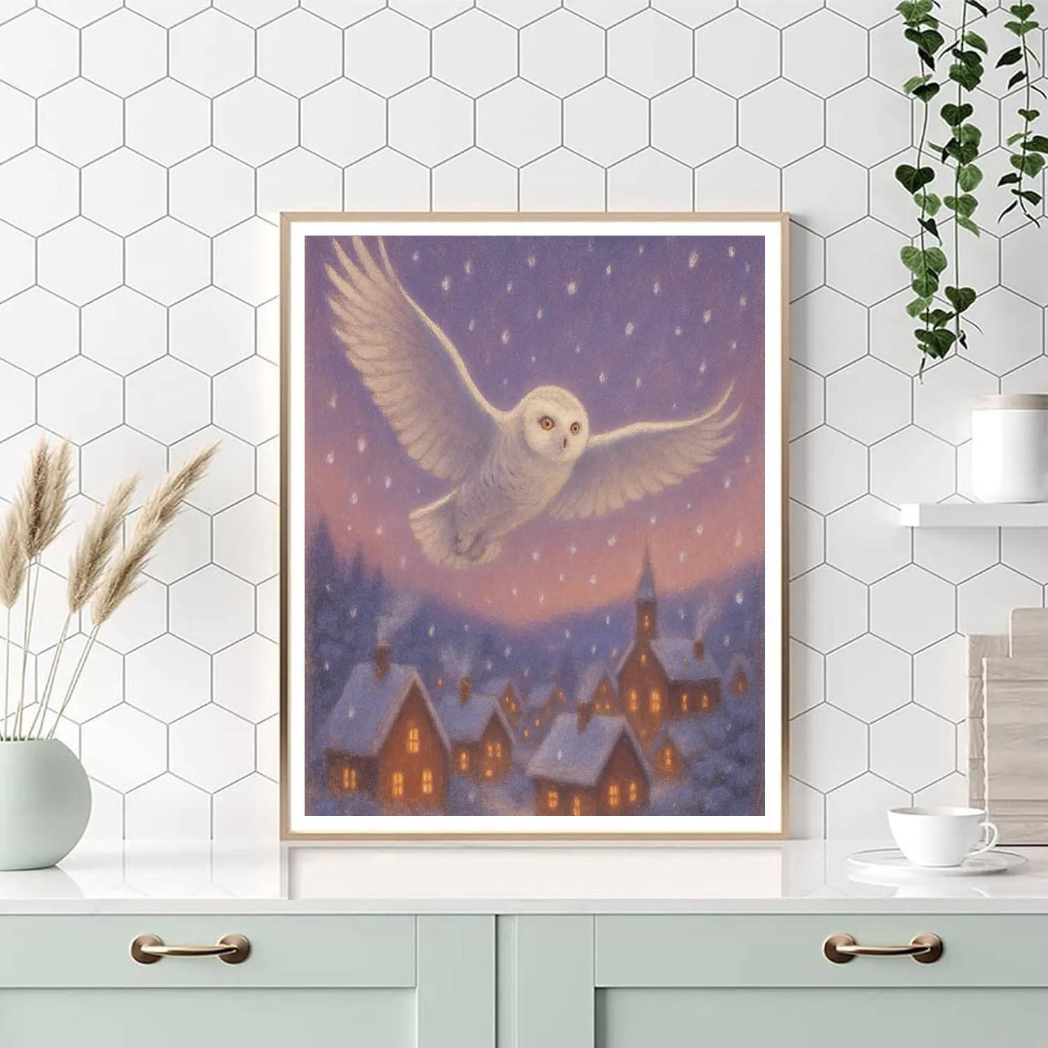 Snowy Owl Over Pine Village paint by numbers