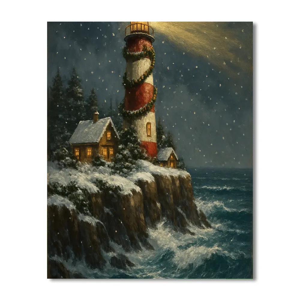 Christmas Lighthouse On Icy Cliffs Painting by numbers kit