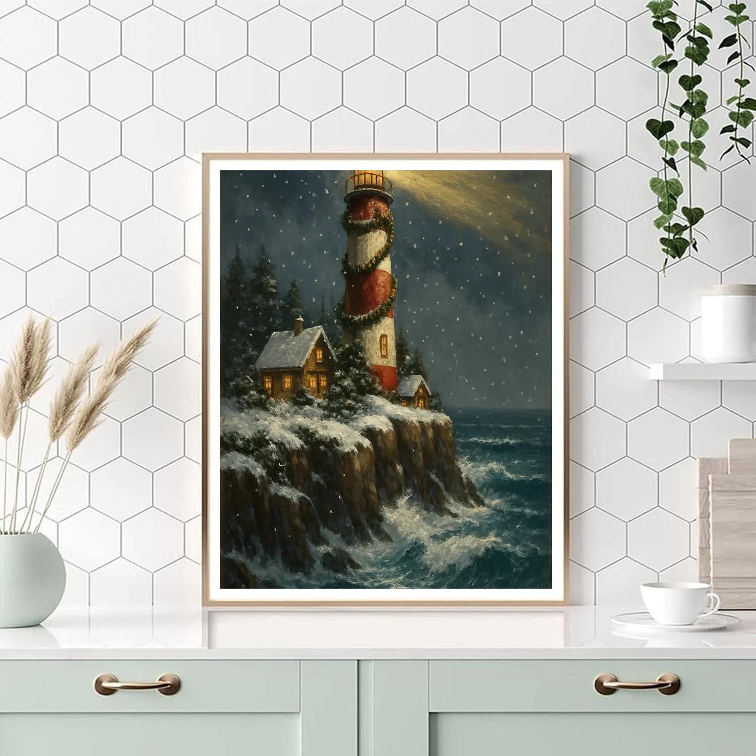 Christmas Lighthouse On Icy Cliffs Painting by numbers kit