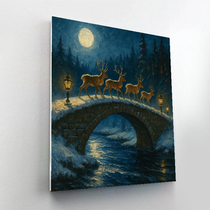 Reindeer Crossing Frozen Bridge Number painting