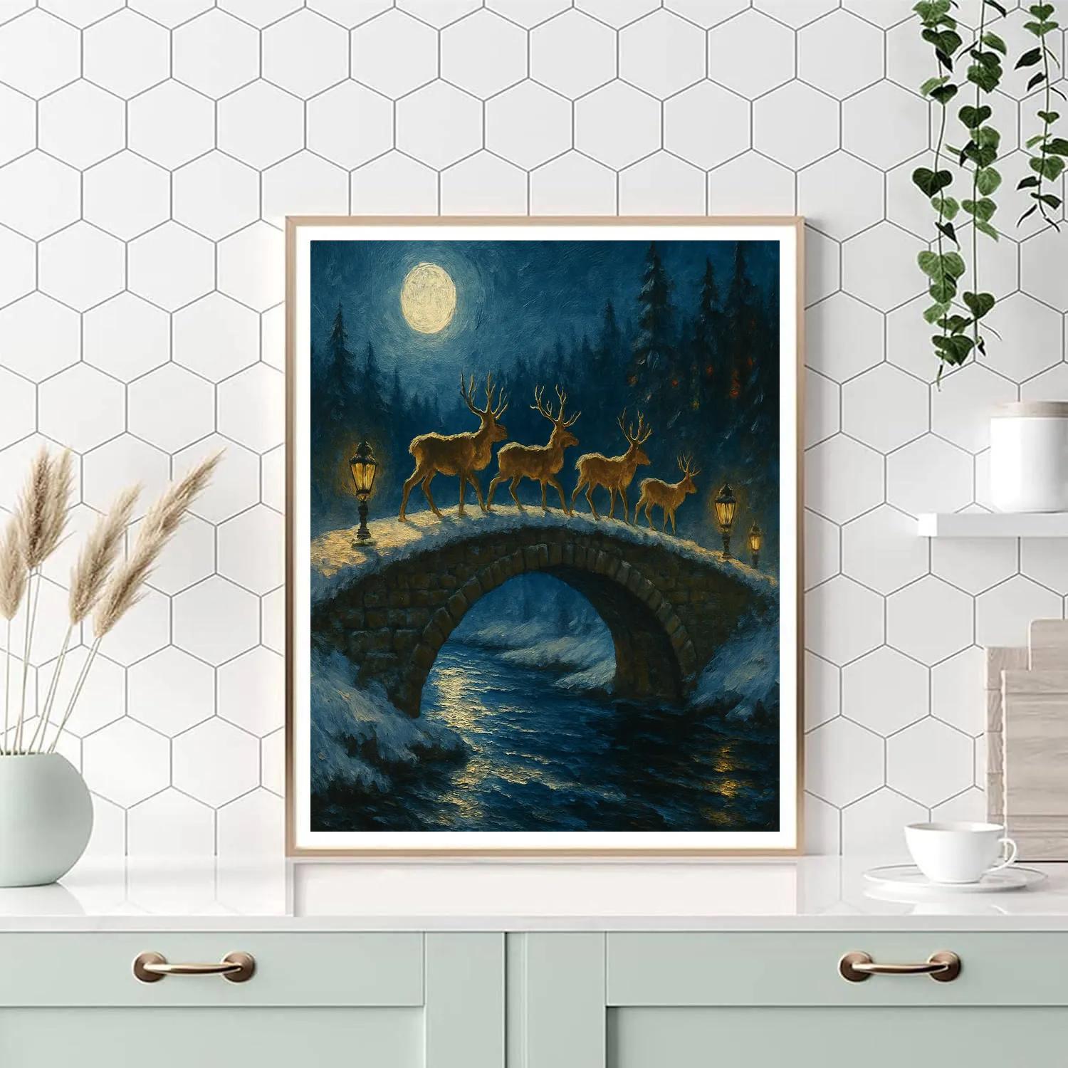Reindeer Crossing Frozen Bridge Number painting
